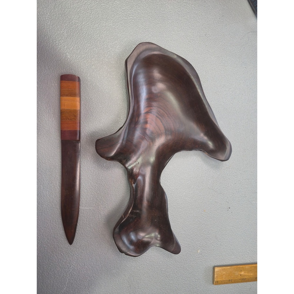 Vintage Hand Carved Live Edge Wood Bowl and‎ Inlaid Letter Opener Desk Set Brown